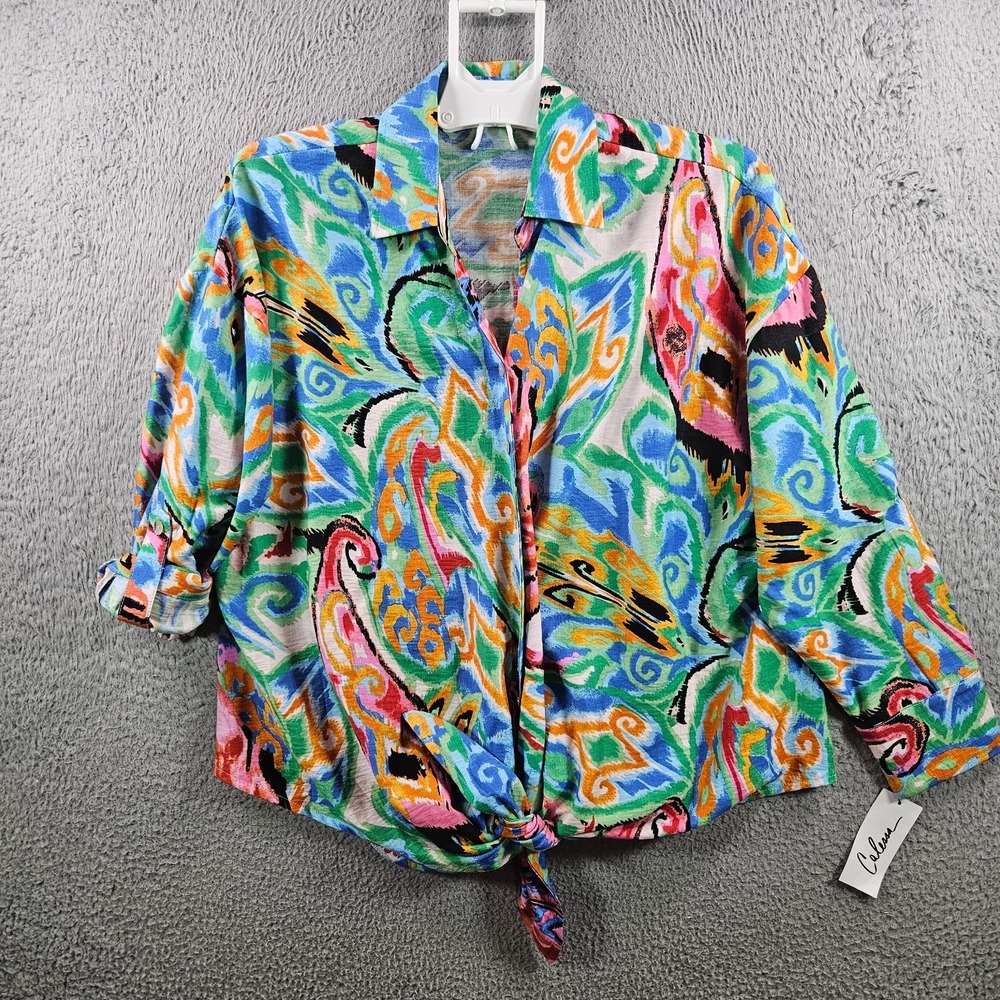 NEW Calessa Shirt Top Women Large Tie Front Colorful Paisley Floral Button Up‎